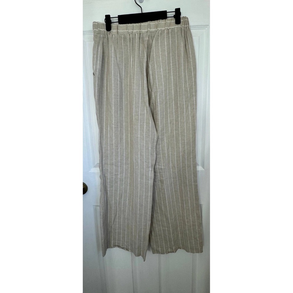 Halston Striped Linen Pants Women's Small Beige Elastic Waist‎ Pull-On Pockets